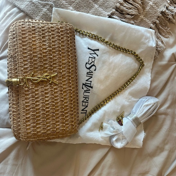 Yves Saint Laurent Natural Raffia Shoulder Bag with Gold Chain - Picture 4 of 8